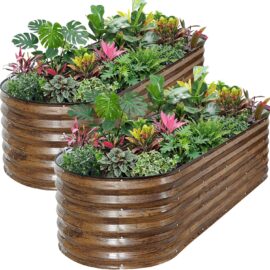2 Pack 4x2x1 FT Galvanized Raised Garden Bed with Rubber Strip Edging, Metal Raised Planters Box for Gardening,Easy Assembly Garden Bed Kit,Brown,RG03-2